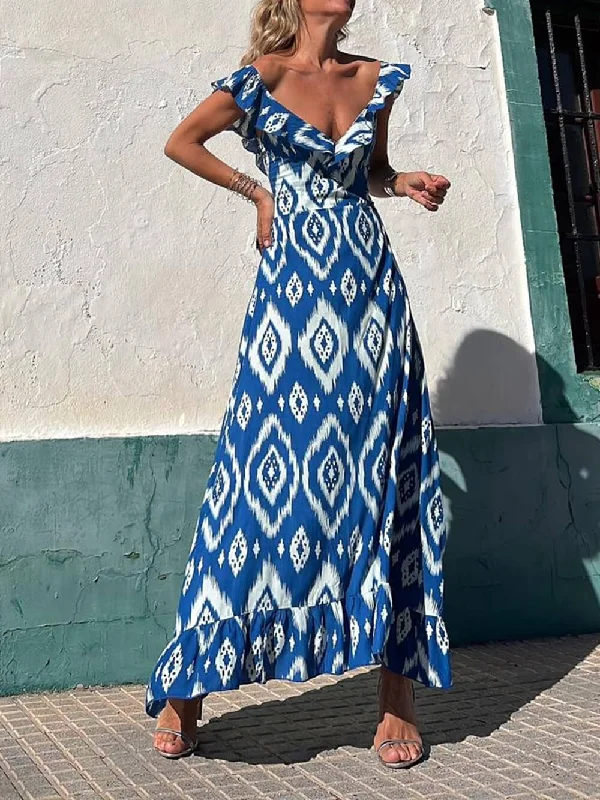 maxi dresses with front pocketsEthnic Print Smocked Bust Graceful Ruffle Neck Maxi Dress