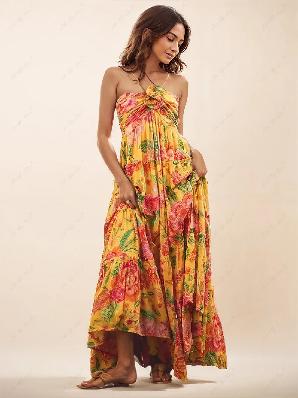 maxi dresses for travelHanging Neck Printed Floral Graceful Design Backless Straight Maxi Dress