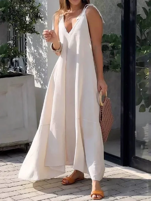 maxi dresses for plus sizeLarge Hem Solid Color Graceful Sleeveless V-Neck Strap Maxi Dress