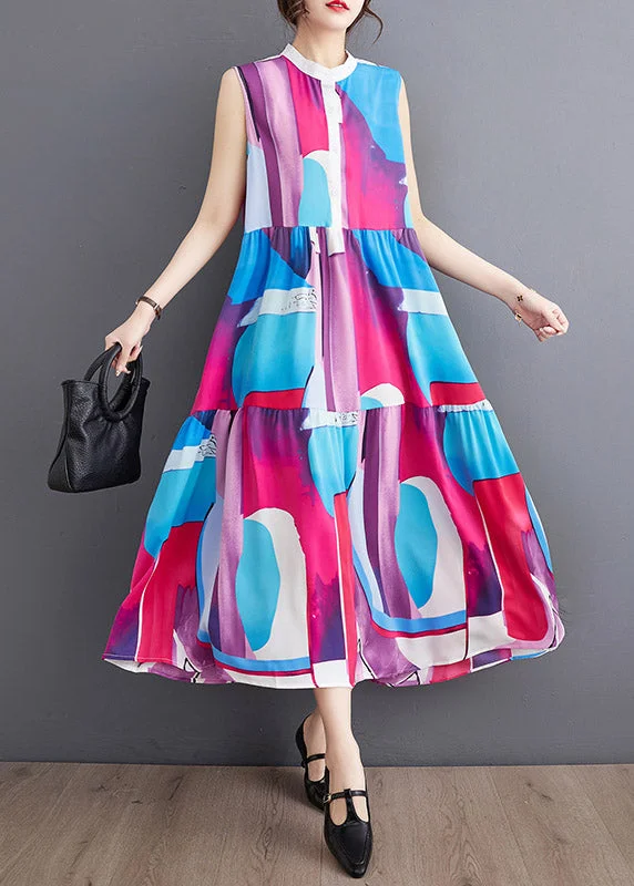 solid color maxi dressesFrench Blue O-Neck Print Patchwork Wrinkled Chiffon Maxi Dresses Summer