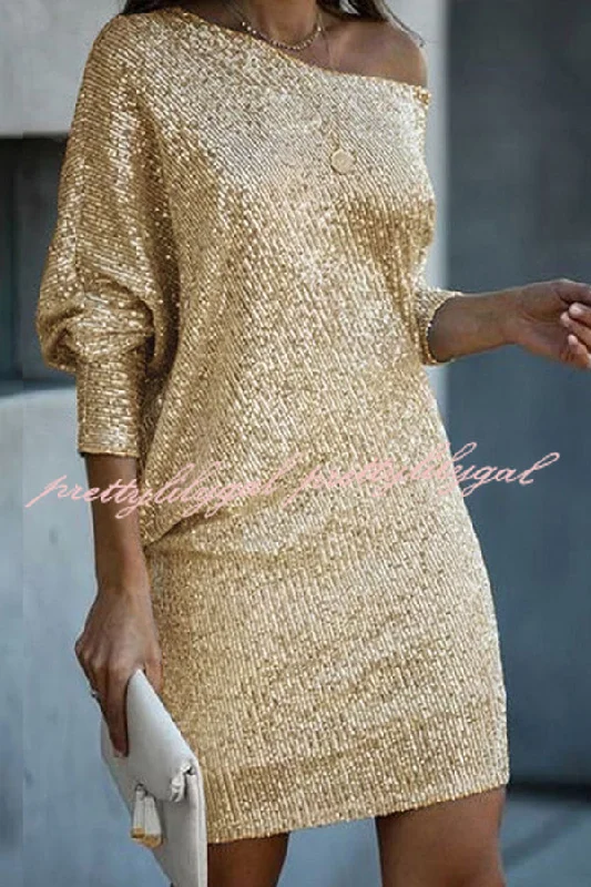 lace Mimi dresses for special occasionsSolid Sequined Off-shoulder Loose Mini Dress