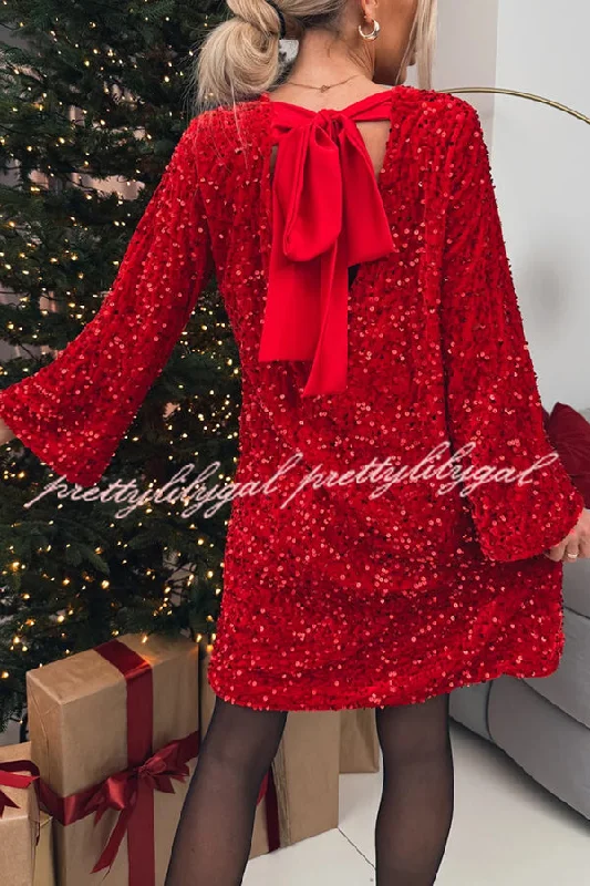 maxi Mimi dresses with pocketsVelvet Sequin Back Bow Bell Sleeves Loose Mini Dress