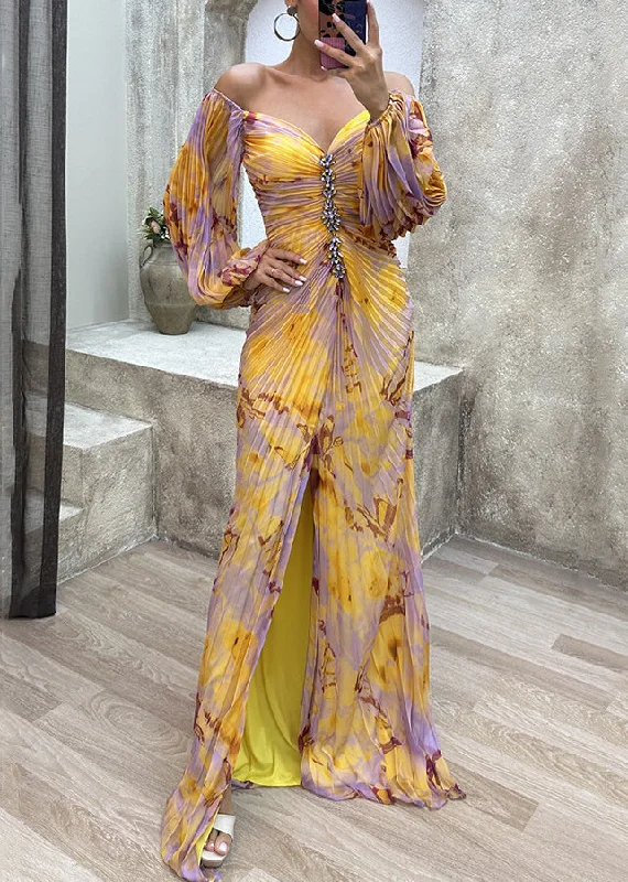 maxi dresses with thigh-high slitsFrench Yellow Wrinkled Zircon Cotton Maxi Dresses Spring