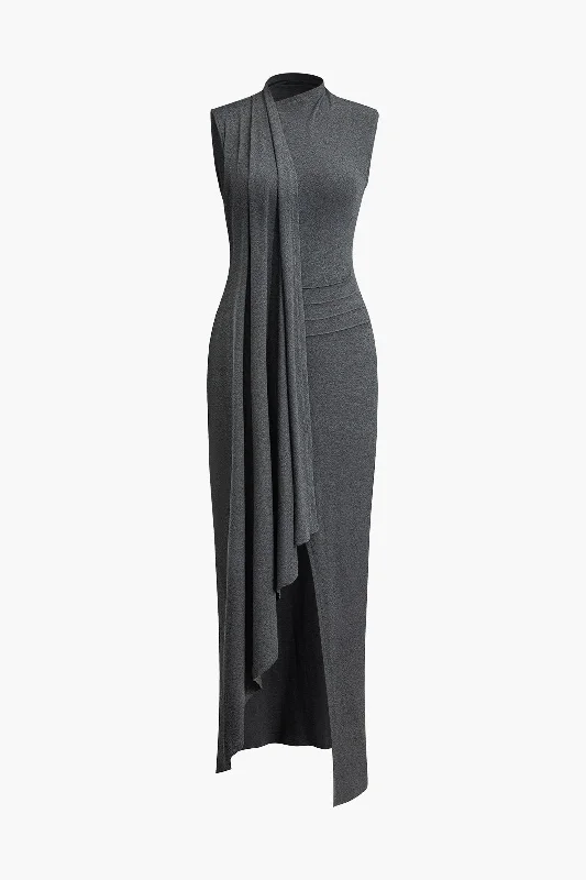 maxi dresses for summerWrap Slit Mock Charming Neck Sleeveless Maxi Dress