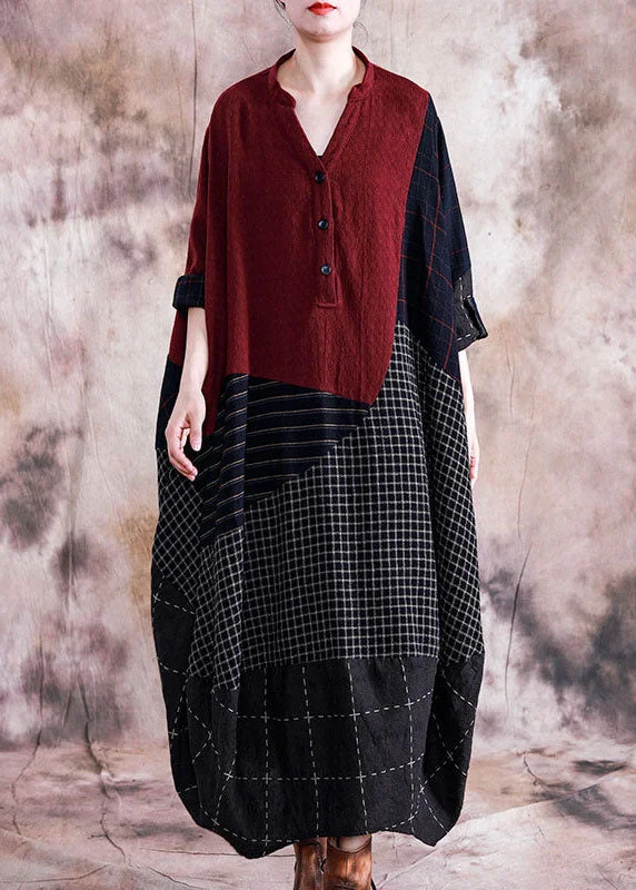 maxi dresses with buttonsWomen Plaid Stripe Patchwork V-Neck Half Button Front Vintage Maxi Dresses