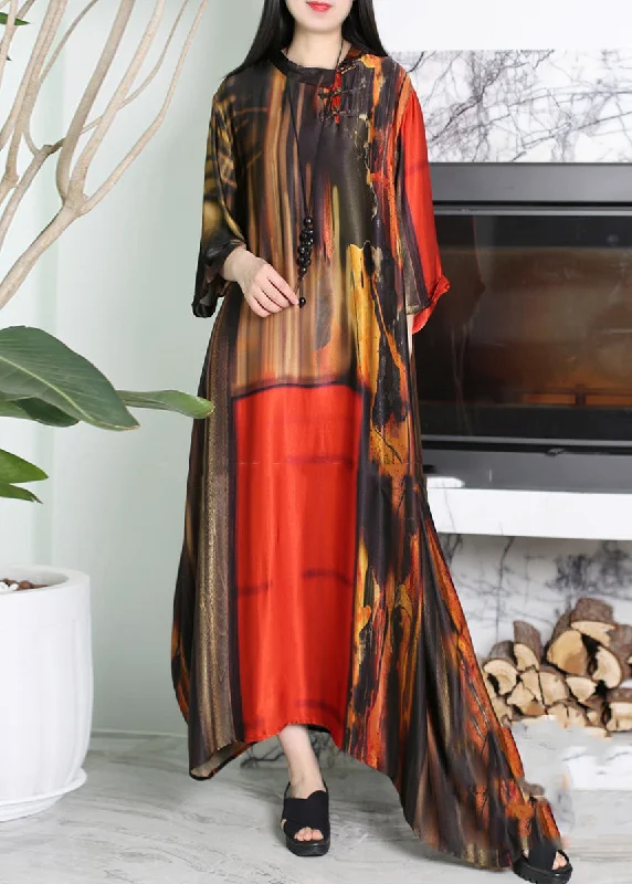 maxi dresses with adjustable strapsVogue Red O-Neck Asymmetrical Print Silk Maxi Dress Summer