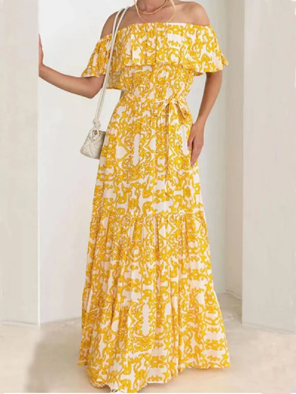 maxi dresses for yoga and meditationOne-Shoulder Short-Sleeve Printed Charming Ruffle Maxi Dress