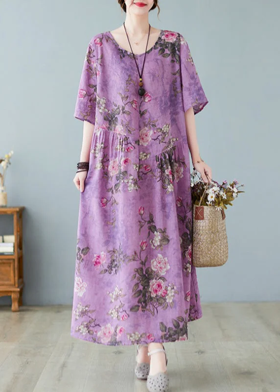 maxi dresses for pool partiesVintage Purple O-Neck Print Maxi Dress Summer