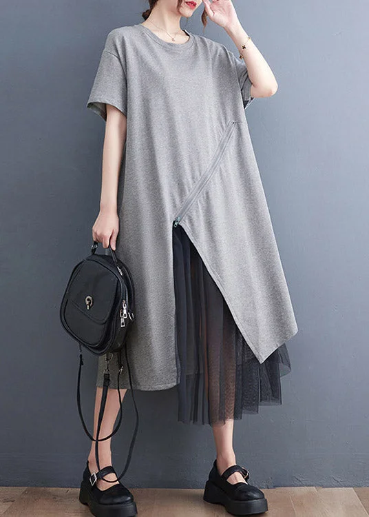 maxi dresses for cocktail partiesPlus Size Grey Asymmetrical Tulle Patchwork Solid Maxi Dress Summer