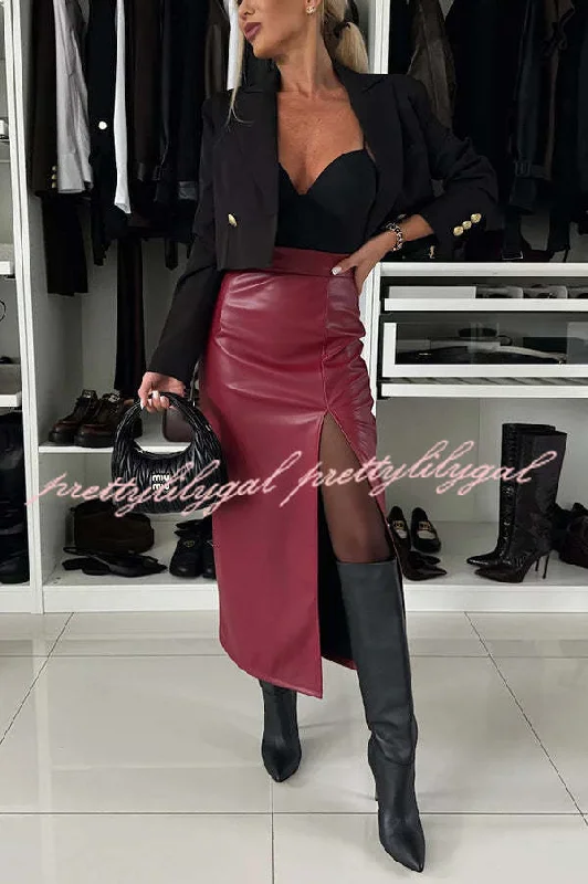 women's loungewear dressy skirtsExcellent Partner Faux Leather High Rise Front Slit Stretch Midi Skirt