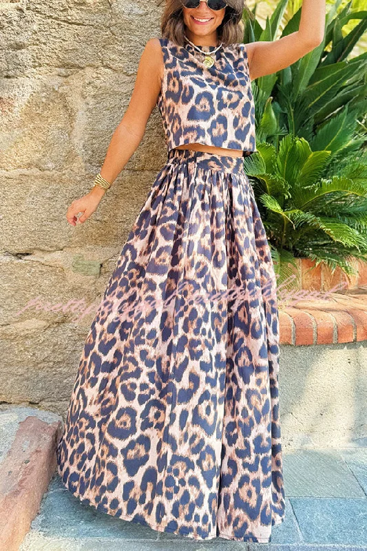 women's timeless satin skirtsLisa Leopard Print Back Tie-up Tank and Elastic Waist Pleated A-line Maxi Skirt