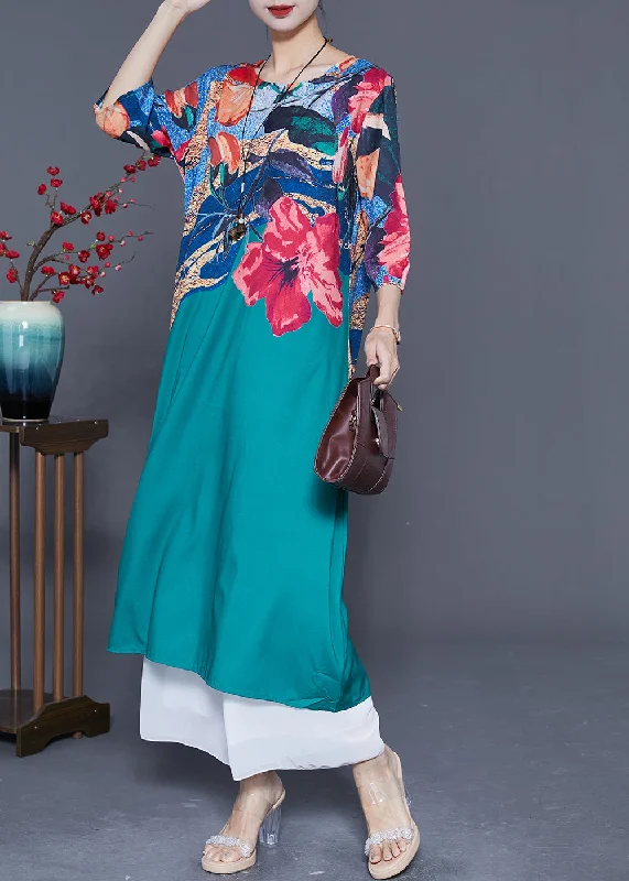 maxi dresses for breastfeeding mothersItalian Peacock Blue O-Neck Print Chiffon Maxi Dresses Half Sleeve