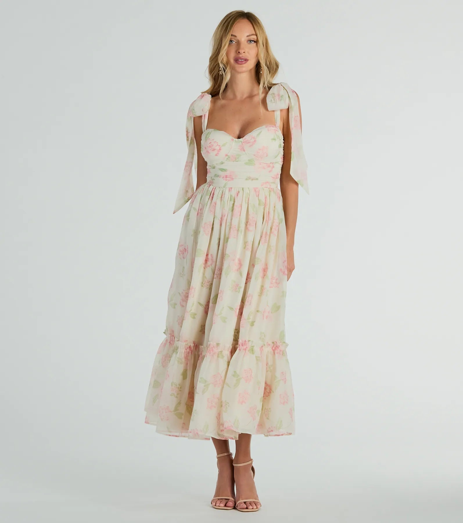 striped maxi dressesruffled midi dressesGretchen Sweetheart Tie Floral Chiffon Midi Dress