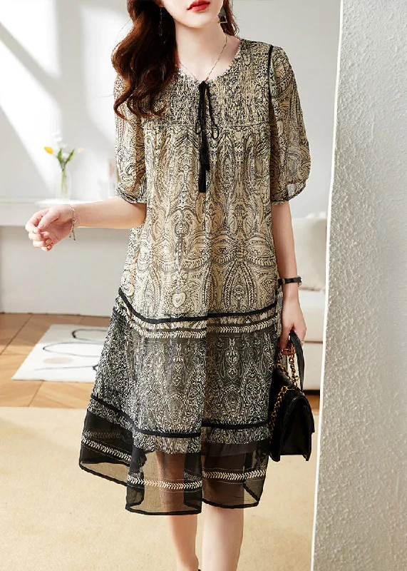 lace maxi dressesBohemian Beige O-Neck Print Chiffon Maxi Dress Short Sleeve