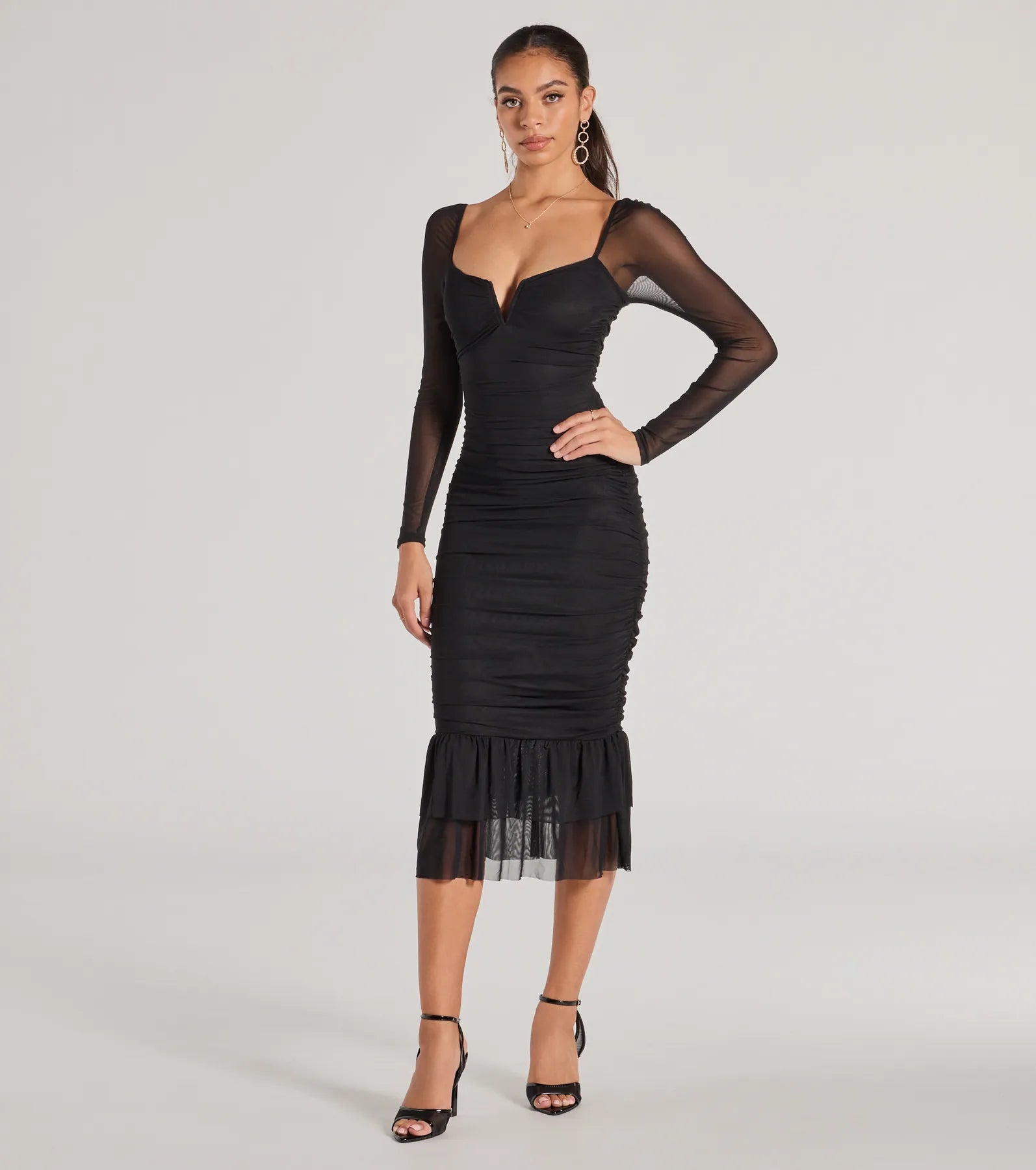 maxi dresses with beltsshort sleeve midi dressesElegant Ruched And Ruffled Mesh Midi Dress