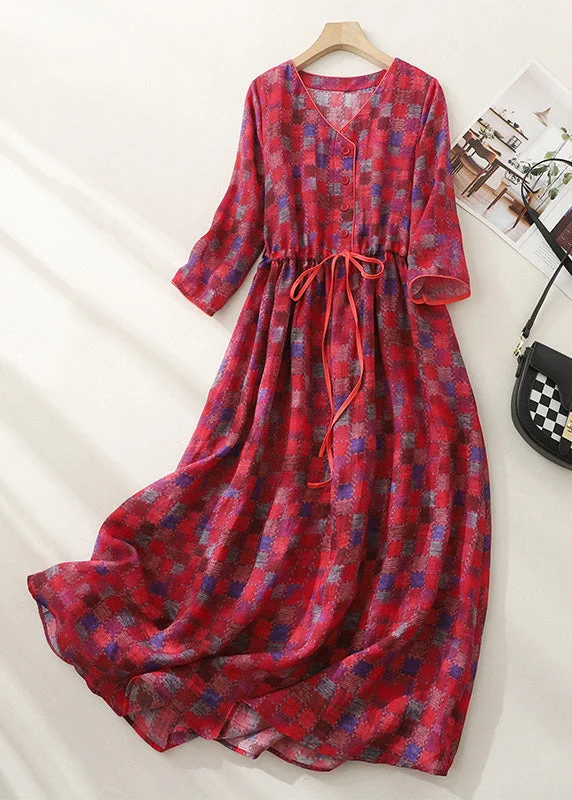 cotton maxi dressesFitted Red Plaid V Neck Wrinkled Tie Waist Button Maxi Dress Short Sleeve