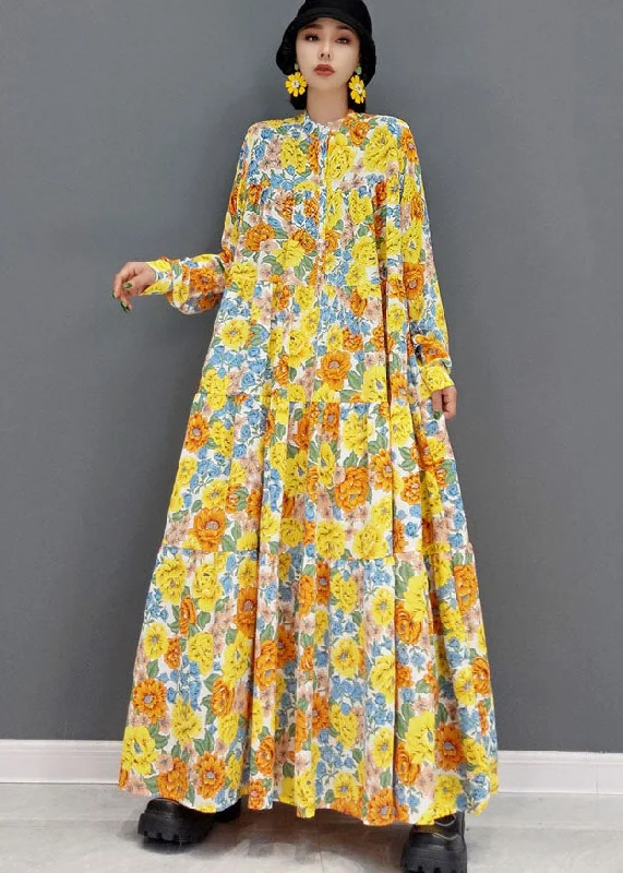 maxi dresses for formal eventsFrench Yellow Print Exra Large Hem Cotton Maxi Dresses Long Sleeve