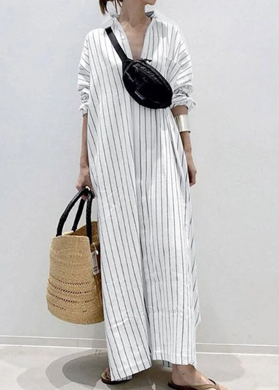 maxi dresses with zippersCasual White Peter Pan Collar Striped Maxi Shirts Dresses Long Sleeve