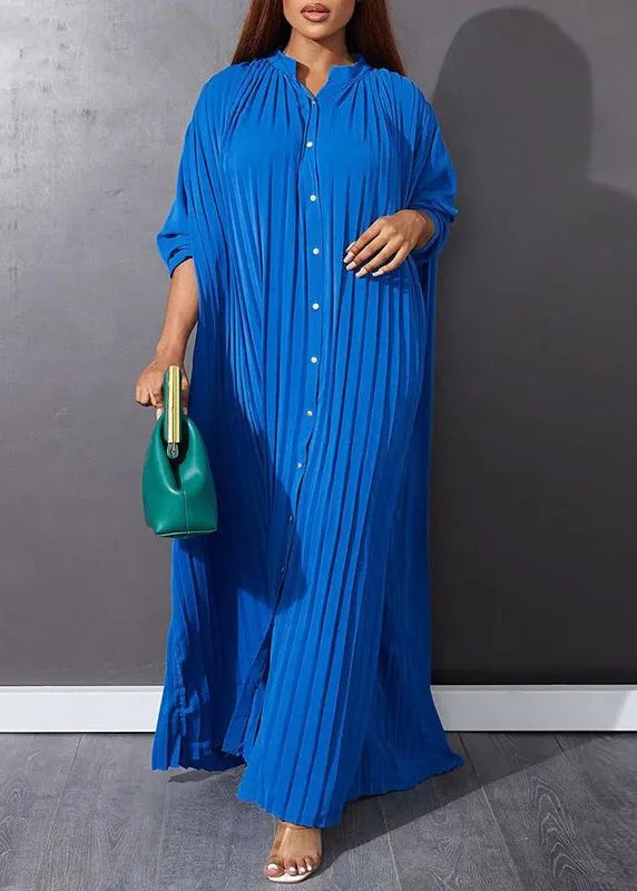 maxi dresses with mermaid silhouettesBlue O-Neck Button Vacation Maxi Dresses Long Sleeve