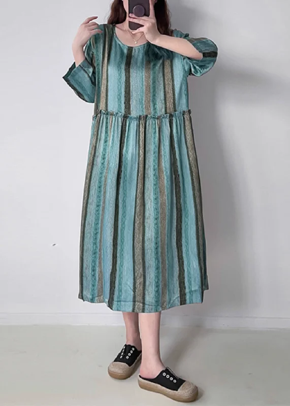 maxi dresses for cool weatherGreen O-Neck Ruffled Wrinkled Silk Cotto Maxi Dress Spring