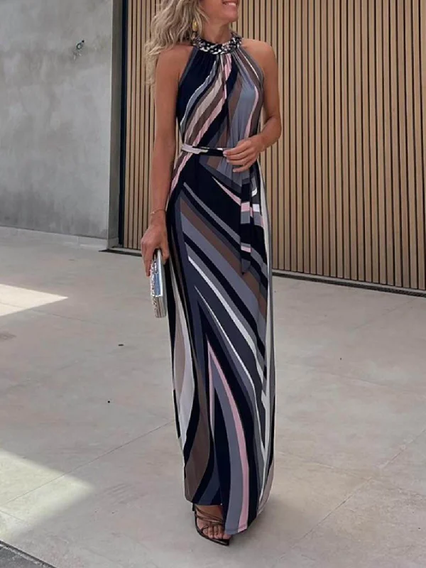 satin maxi dressesCasual Loose Halterneck Striped Graceful Gradient Print Maxi Dress