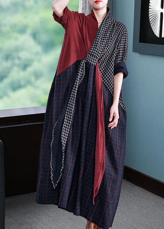 maxi dresses with beltsWomen Long Sleeve V-neck Loose Plaid Patchwork Maxi Dress