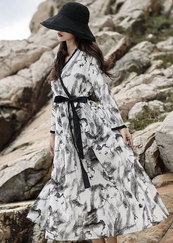 maxi dresses for womendiy White V Neck Ruffled Print Maxi Dress Long Sleeve