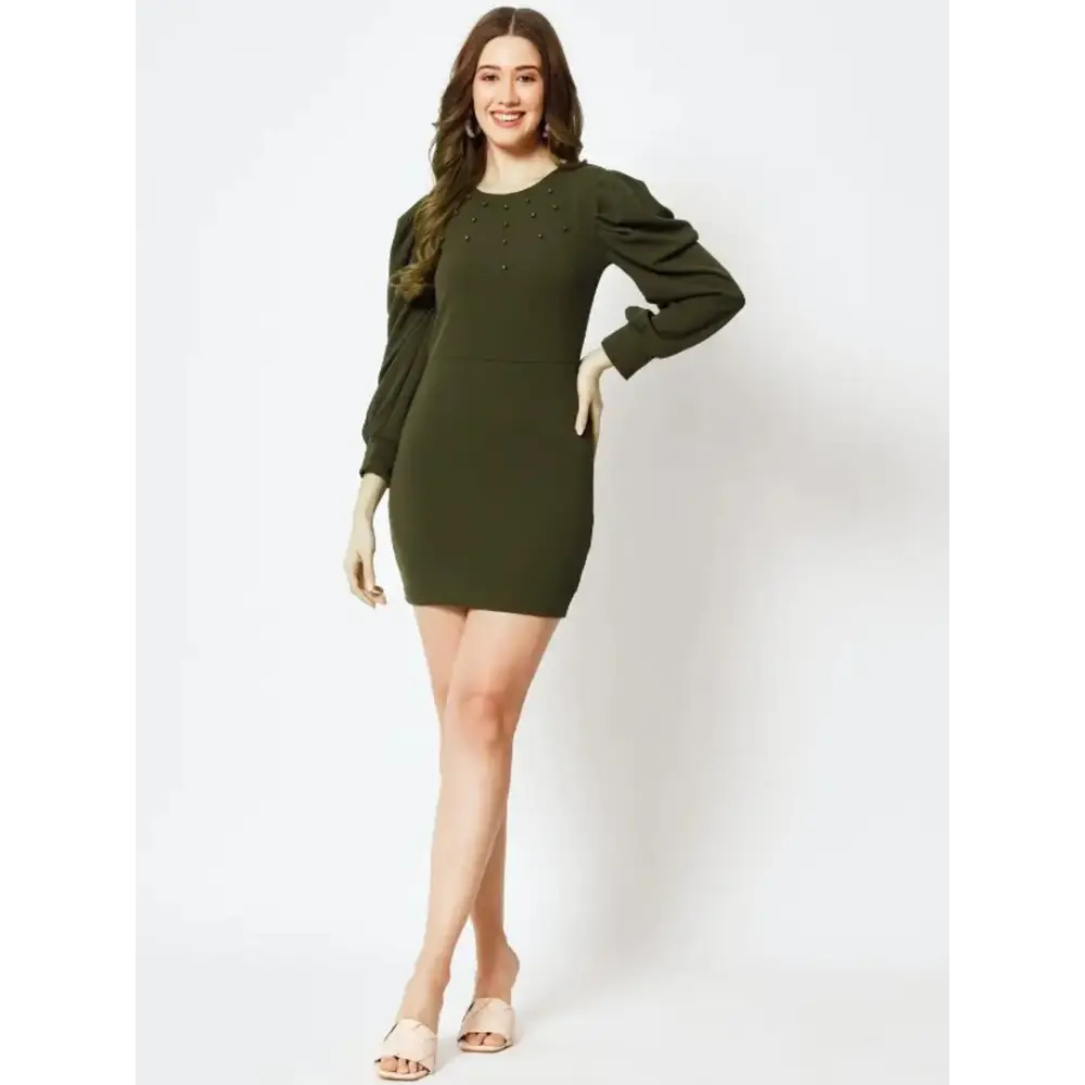 stylish midi Mimi dresses for versatile wearWomens Olive Color Bodycon Solid Knee Length Mini Western Short Dress