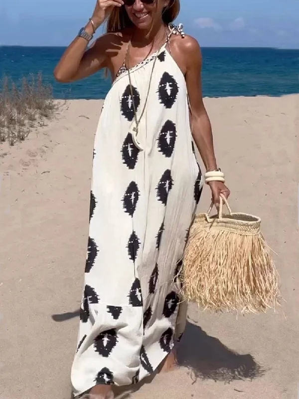 maxi dresses with back pocketsSunshine Ethnic Print One Graceful Shoulder Loose Maxi Dress