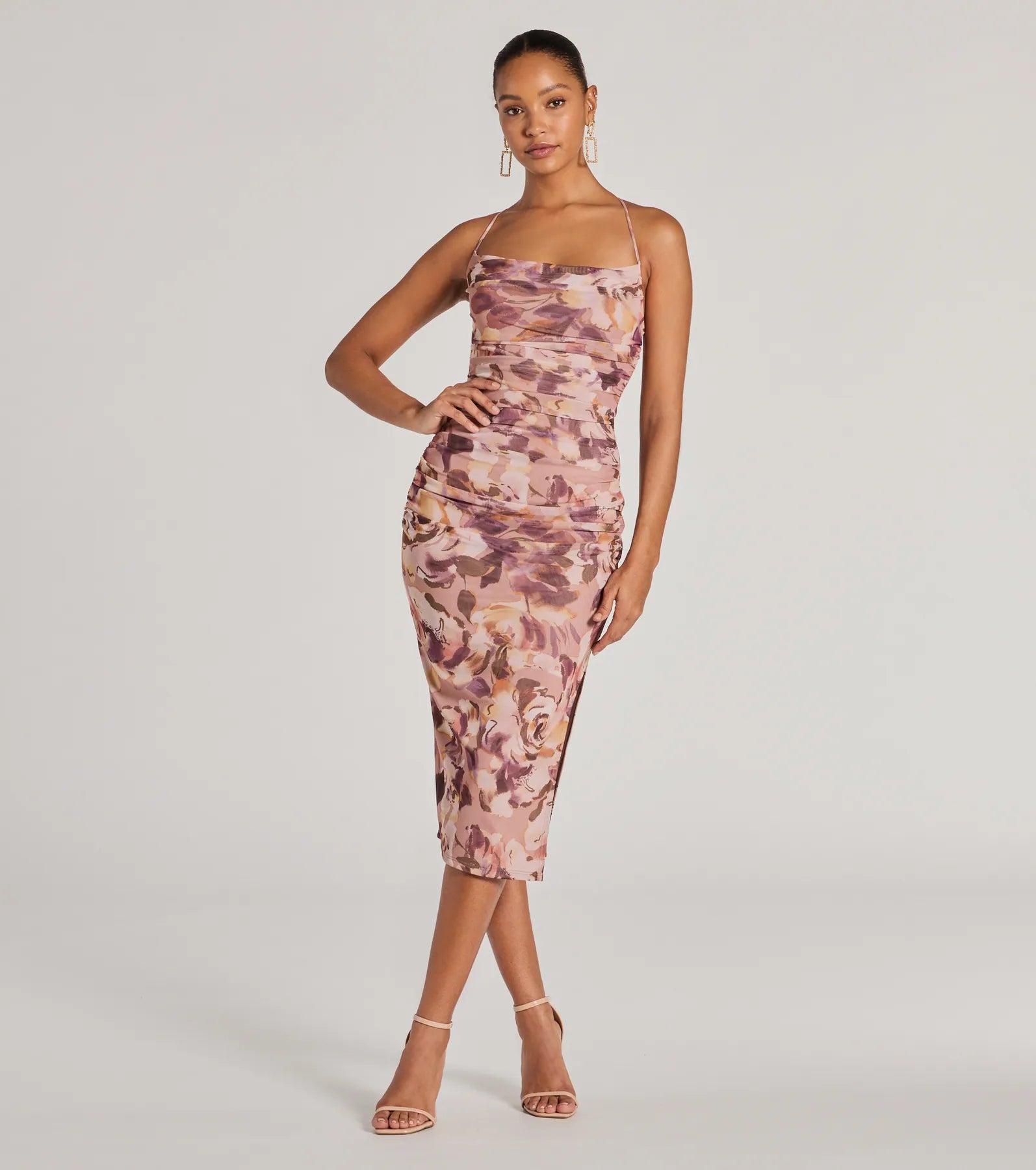 maxi dresses for pool partiesmidi dresses in pastel colorsFloral Energy Lace-Up Bodycon Slit Midi Dress