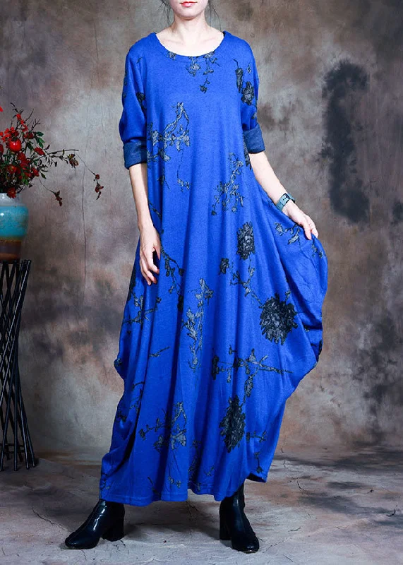 maxi dresses for date nightsFashion Blue O-Neck Print Cotton Maxi Dress Spring