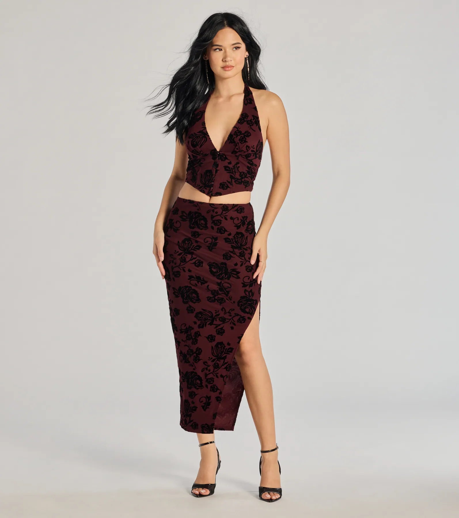 women's circle skirtsLuxe Wonder Flocked Velvet Floral Midi Skirt