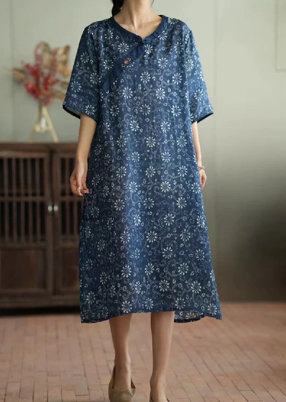 maxi dresses with appliquésRetro Blue Print Button Ramie Maxi Dress Short Sleeve