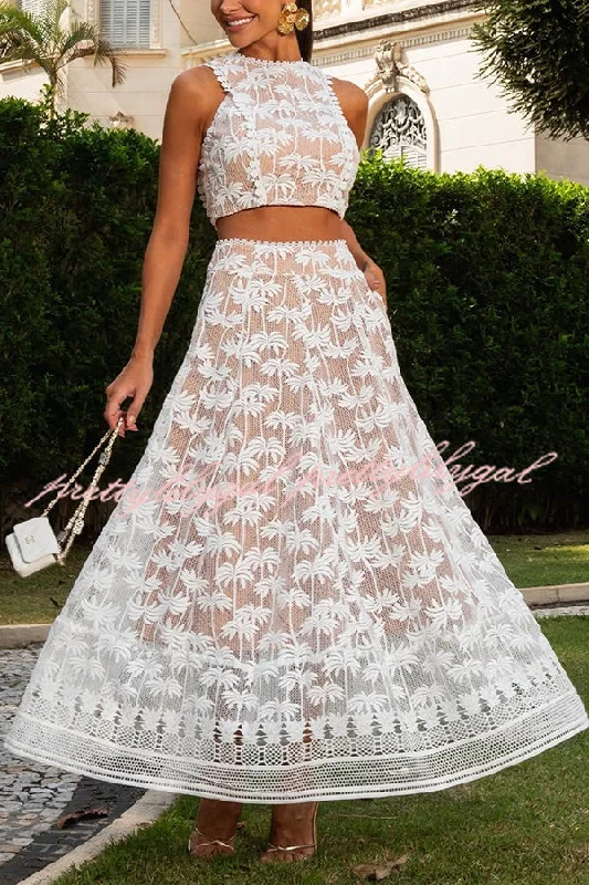 women's chiffon skirtsIsland Dating Coconut Tree Embroidery Lace High Rise Pocketed A-line Maxi Skirt