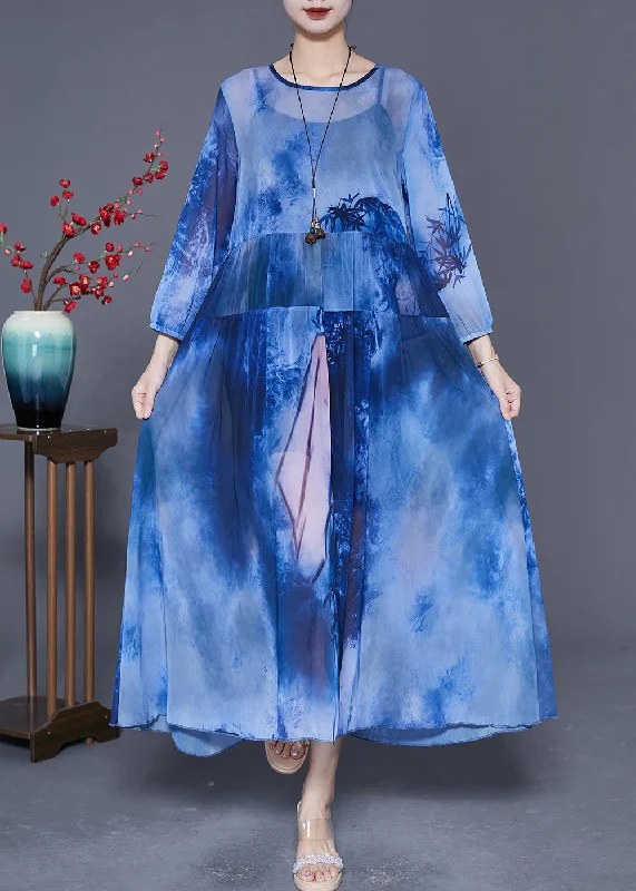 maxi dresses with off-the-shoulder necksWomen Blue Oversized Patchwork Tie Dye Chiffon Maxi Dresses Summer