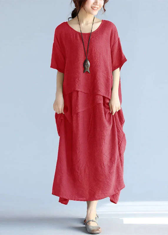 maxi dresses with pockets and sleevesbaggy Red long linen dresses oversized layered cotton maxi dress vintage short sleeve cotton clothing