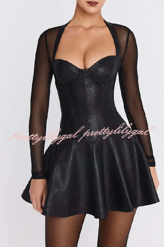 x-small Mimi dresses for petite framesFun and Flirty Faux Leather Mesh Sleeve Stretch Mini Dress