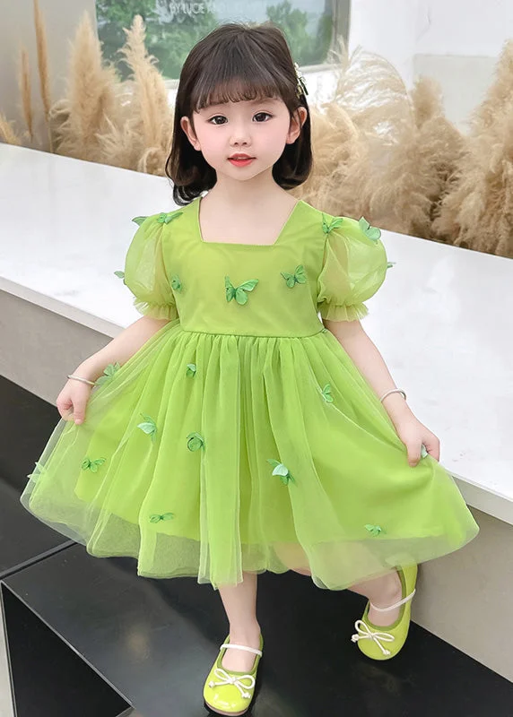 maxi dresses for casual FridaysGreen Patchwork Wrinkled Tulle Kids Maxi Dresses Short Sleeve