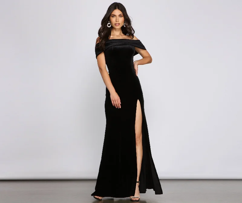 maxi dresses with spaghetti strapsOlivia Formal Velvet Charming Off-The-Shoulder Maxi Dress