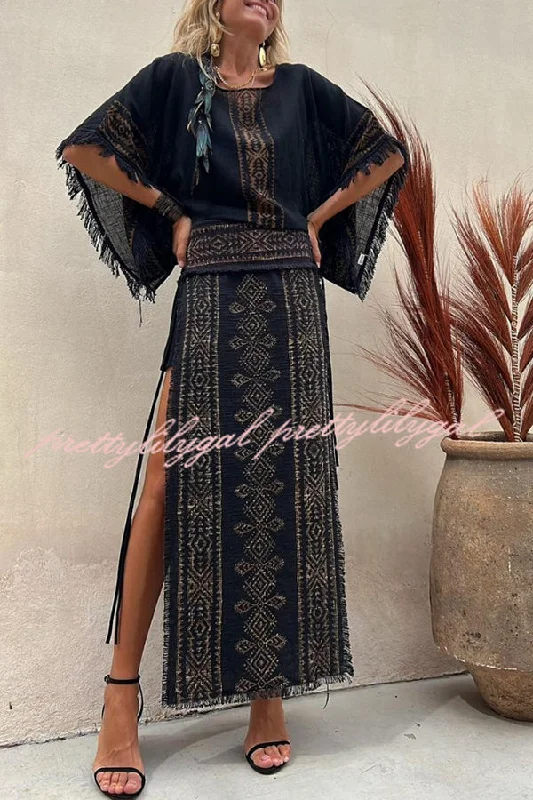 women's chiffon maxi skirtsAlana Linen Blend Ethnic Print Patchwork Side Lace-up Maxi Skirt