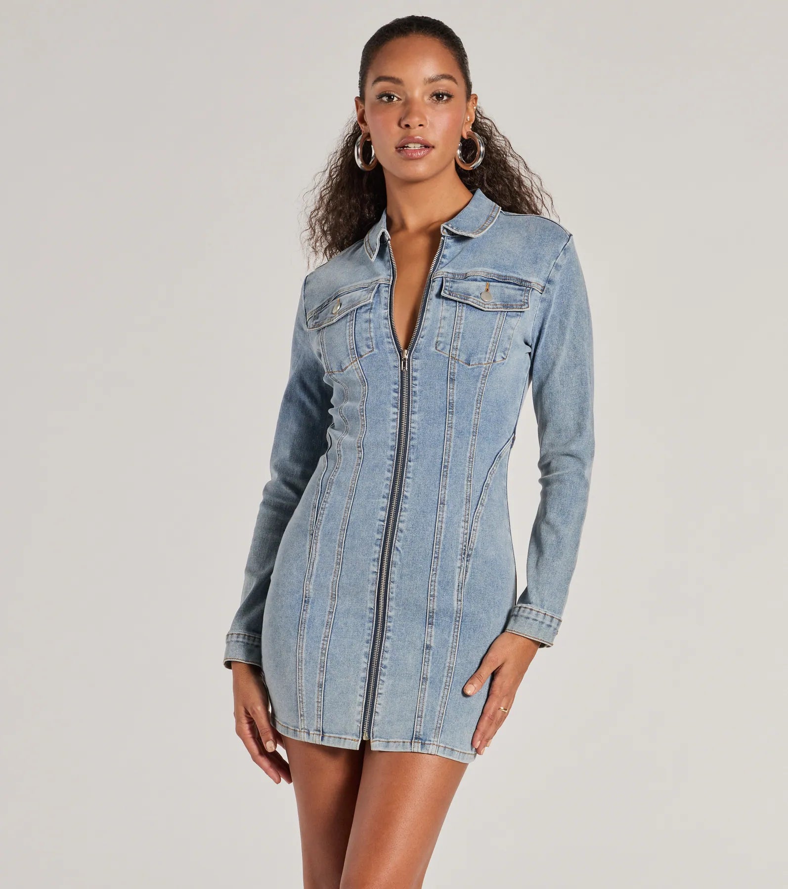 discount Mimi dresses outletSweet Looking Long Sleeve Denim Mini Dress