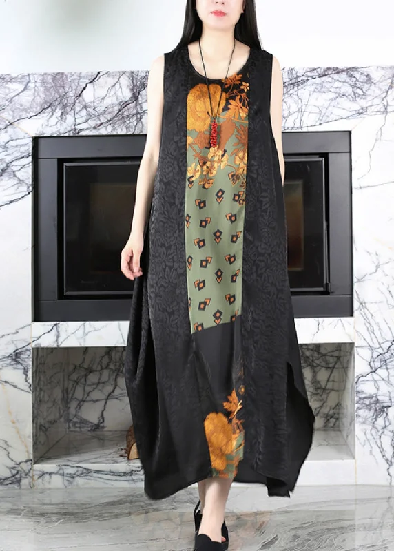 maxi dresses with appliquésCasual Black O-Neck Print Side Open Silk Maxi Dress Summer