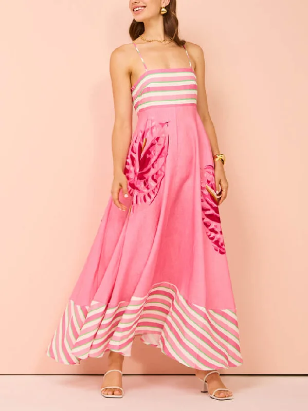 maxi dresses for cocktail partiesFloral Print Paneled Charming Striped Suspender Mixi Dress