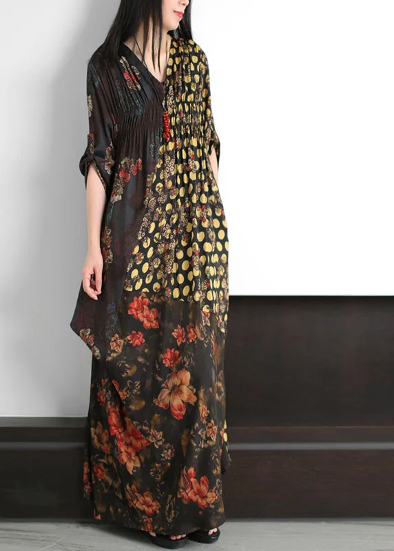 maxi dresses for bridesmaidsFashion Black V Neck Asymmetrical Print Wrinkled Silk Maxi Dress Summer