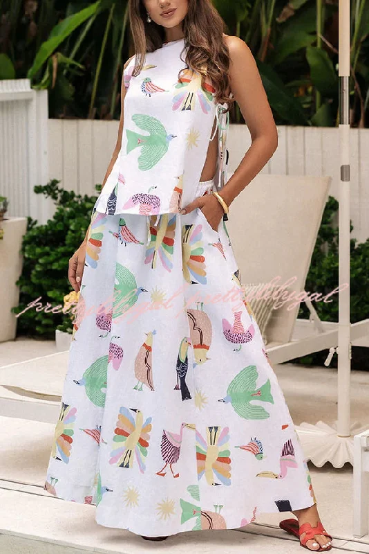 women's tulip skirtsIsland Paradise Linen Blend Unique Print Tie-up Slit Tank and Elastic Waist Pocketed Maxi Skirt Set