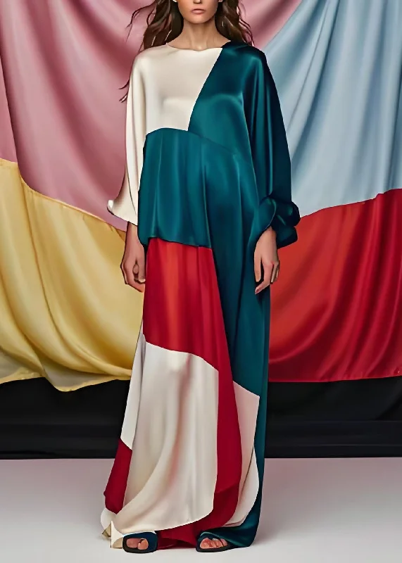 elegant maxi dressesUnique Colorblock O Neck Patchwork Silk Party Maxi Dress Long Sleeve