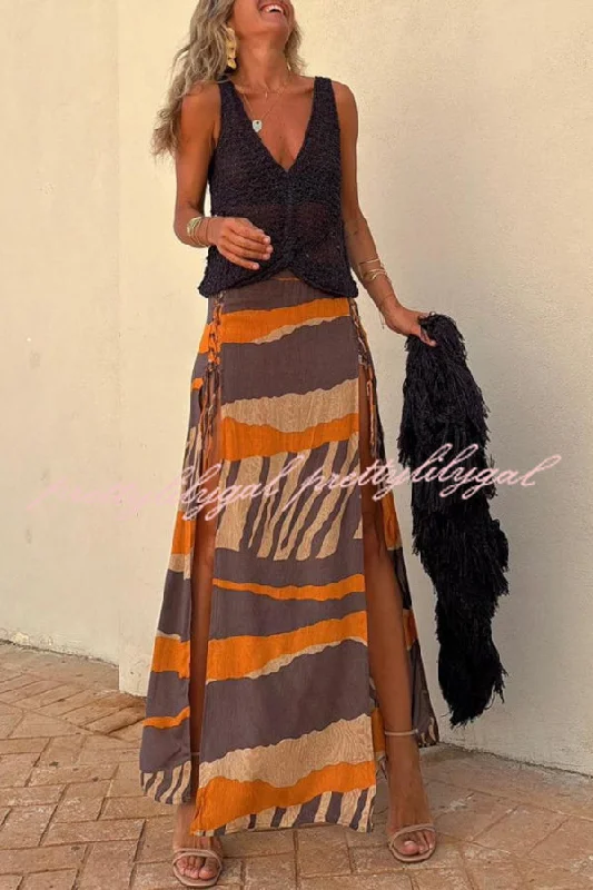 women's formal tiered skirtsBendita Colorblock Print Elastic Waist Side Lace-up Slit Maxi Skirt