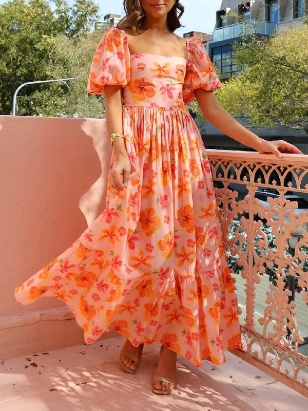 maxi dresses for garden partiesFloral Print Puff Sleeve Graceful Back Smocked Pocket Maxi Dress