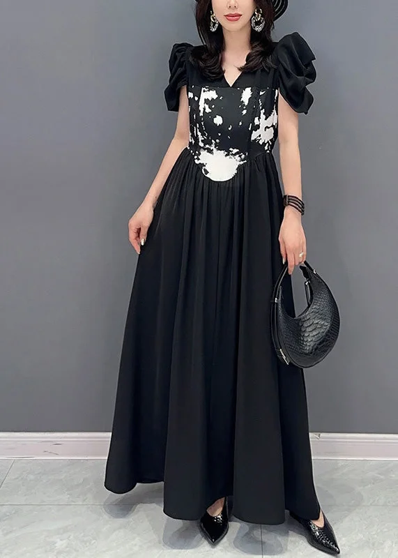 maxi dresses for special occasionsBoutique Black V Neck Print Elastic Waist Maxi Dress Short Sleeve