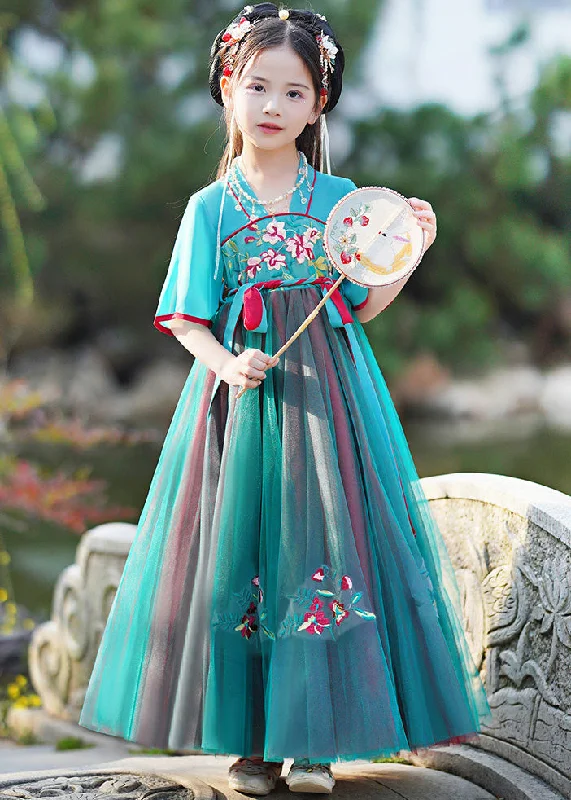 maxi dresses with cold-shoulder cutsStylish Green V Neck Embroideried Kids Maxi Dresses Summer